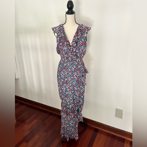 SALONI Blue Red White Print Flocked ANITA Ruffle Silk Maxi - Picture 2 of 6